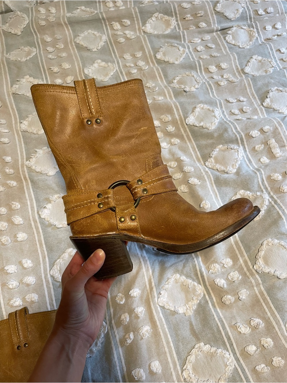 Frye Brown Leather Mid-Calf Harness Boot with Ring Detail
